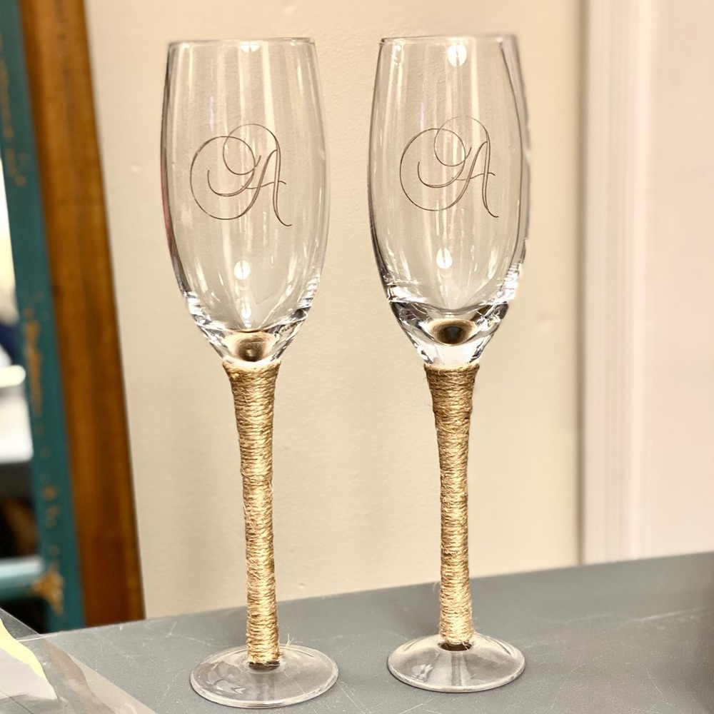 New- Burlap Wedding Toast Glasses with “A” Initial